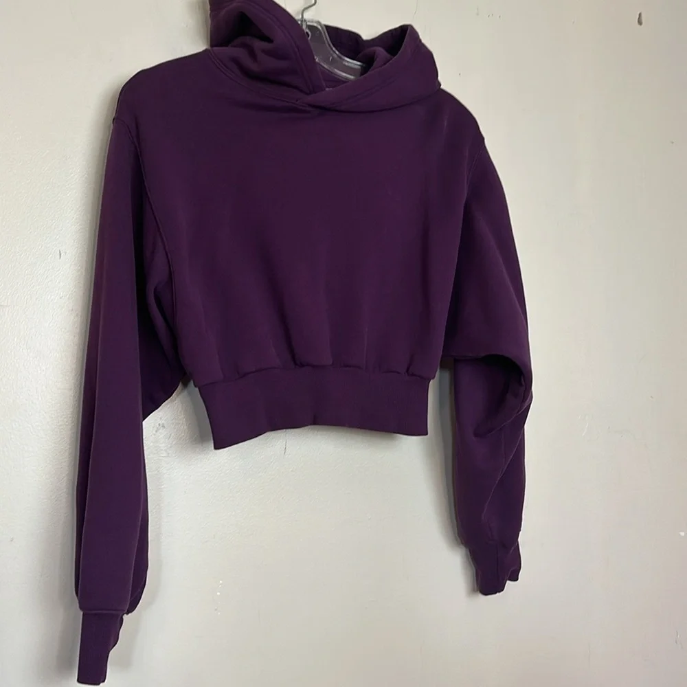 Aritzia TNA Cozy AF Fleece Perfect Shrunken Cropped Hoodie in Plum Purple - Picture 7 of 12